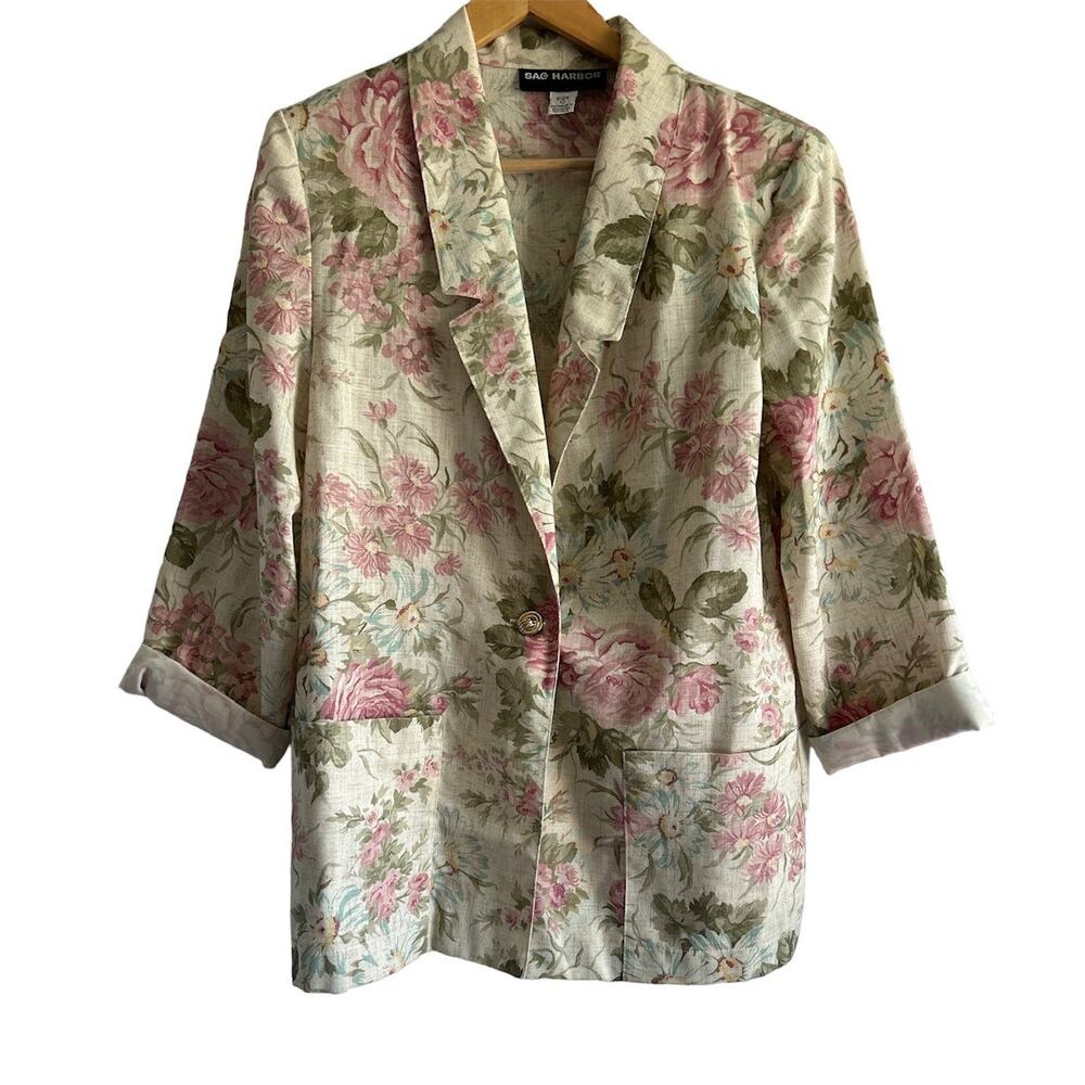 Sag Harbor Vintage Women’s Size 10 Cottagecore Linen Blend Rose Floral Blazer